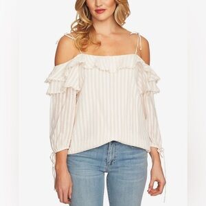 CeCe Off the Shoulder‎ Ruffle Top Blush and White Size Small